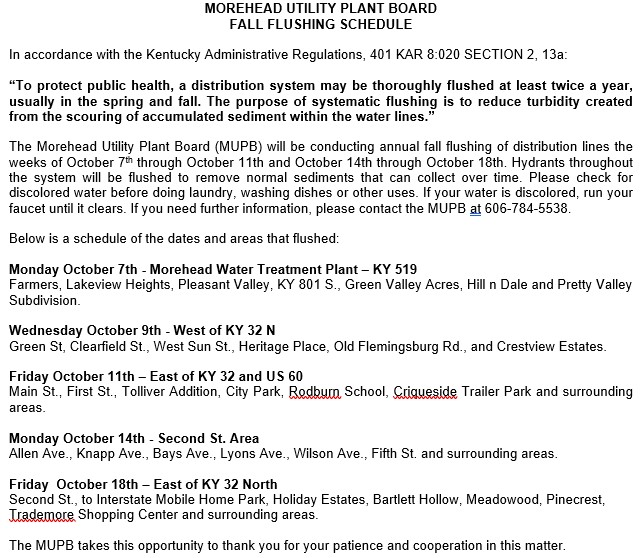 2024 Fall Flushing Schedule